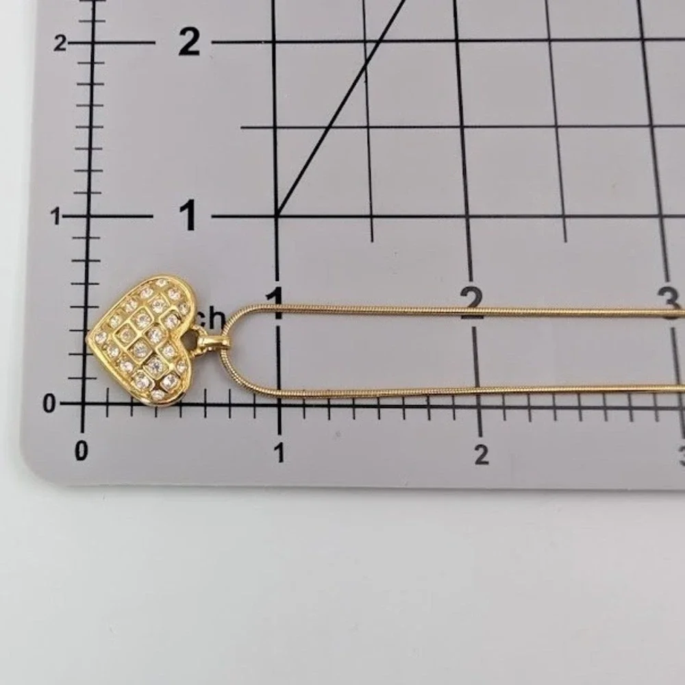 Vintage 90s Monet Rhinestone‎ Quilted Puffy Heart Gold Tone Necklace Snake Chain